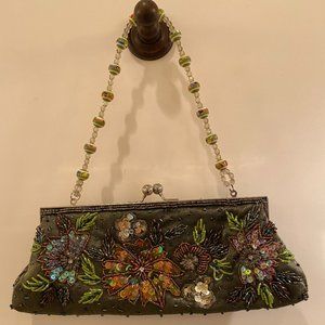 Green and floral bead and sequin evening bag